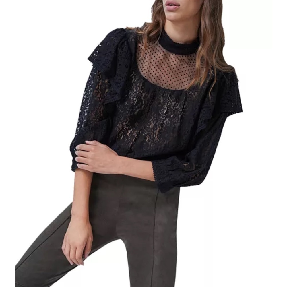 French Connection Inna Lace Ruffled Top‎ Black Sheer Polka Dot Size S Whimsigoth